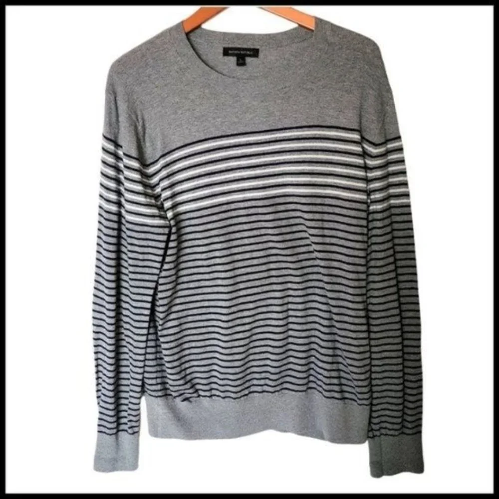 Banana Republic Sweater Gray‎ Blue Striped Cotton Cashmere Blend Size L Large